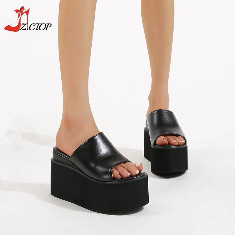 Women Platform Sandals Block High Heels 2024 Summer New Slip On Wedges Outdoor Slippers Black Punk Goth Shoes Big Size 42 43