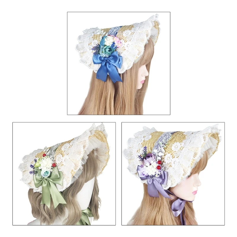 

Handmade Pastoral Bonnet Straw Hat Sweet Ruffled Lace Trimming Ribbon Elegant Tea Party Floral Cosplay for Sun