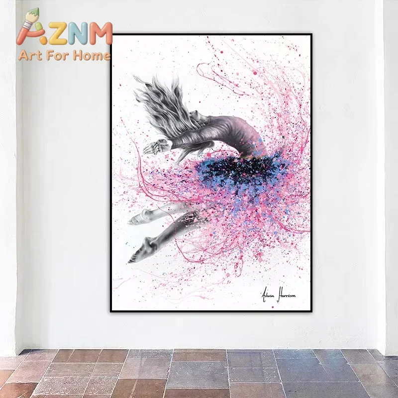 AZNM Ballet Dancer Canvas Wall Art Pink Ballet Shoes Splatter Paint Ballerina Art Print Unframed Canvas Poster for Home Decor