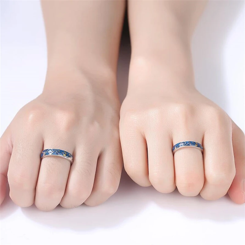 Sole Memory Van Gogh Starry Reindeer Christmas Gifts Couple Rings 925 Sterling Silver Fine Female Resizable Opening Rings RI458