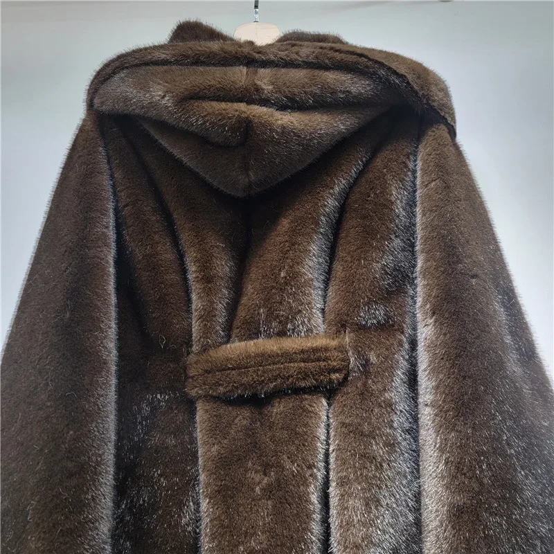 Invierno nuevo estilo europeo americano manga de murciélago con capucha abrigos de piel sueltos moda gruesa cálida con cordones en la cintura abrigo de piel de visón sintético