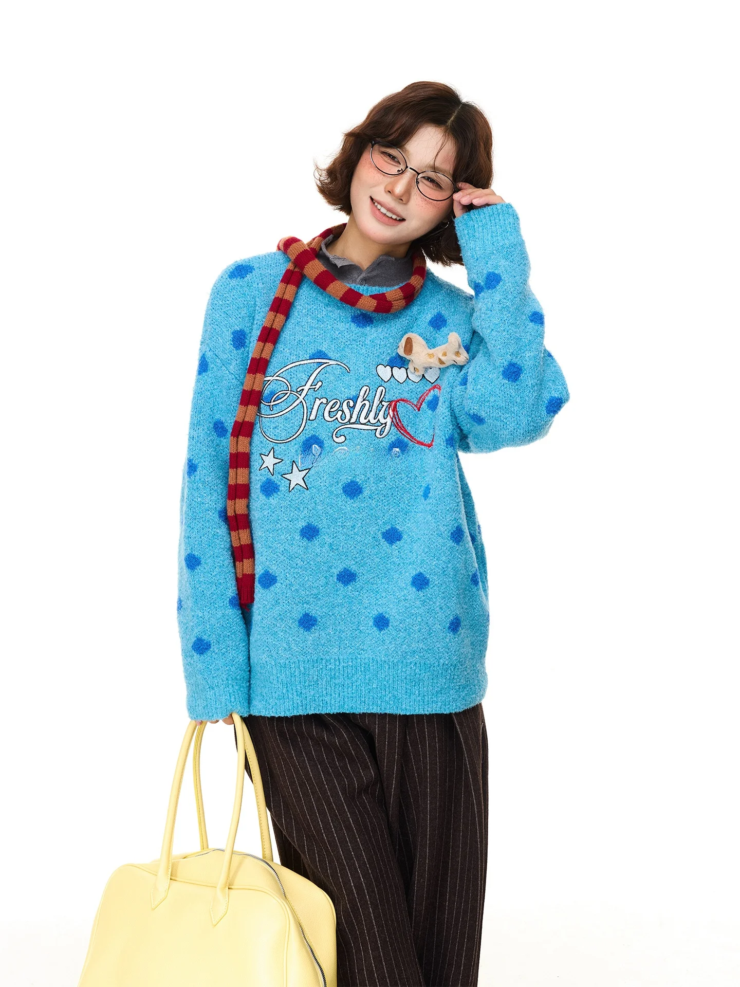 

Chen Zhanlao Store Американский ретро вязаный свитер в горошек женский осенне-зимний свободный утягивающий ленивый накладной свитер