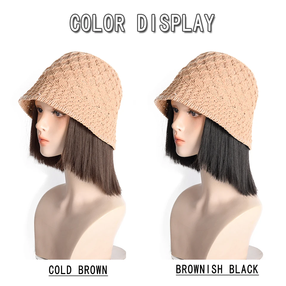 Synthetic Wig Hats Integrated Wig Women's Short Hair Straw Hats Summer Fisherman's Hats Fashion Sun Hats Natural Bobo Headgear