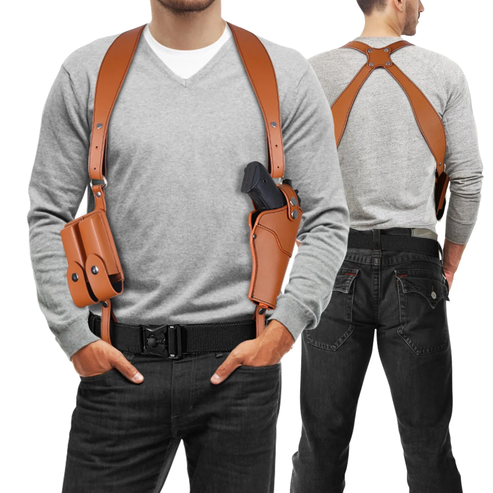Funda de pistola de cuero oculta para hombro o axila con doble bolsa para cargadores, compatible con Gl17/19/23 Sig Sauer P220