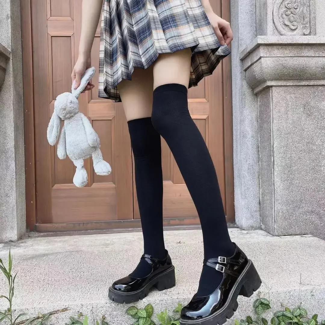 JK Damen Schwarz-Weiße Kniehohe Lolita-Socken, Niedliche Overknee-Socken für Mädchen, Tägliche Dünne Weiche Atmungsaktive Einfarbige Strümpfe – Detail 10