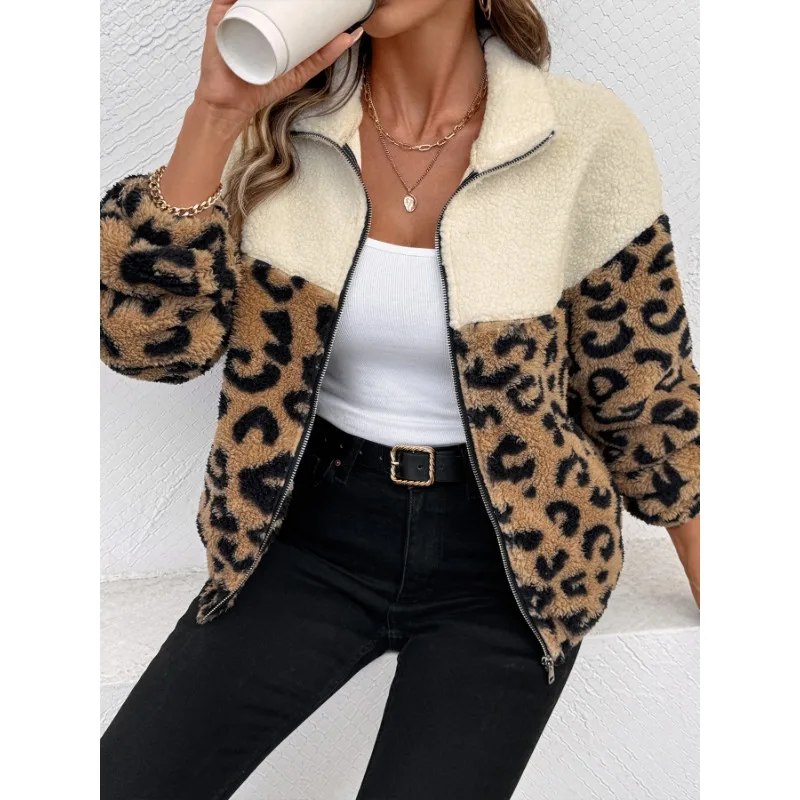جديد الشتاء الرجعية المرأة الكلاسيكية ليوبارد طباعة المرقعة فروي جاكيت زيبرا العصرية ملابس خارجية الترفيه النساء الملابس