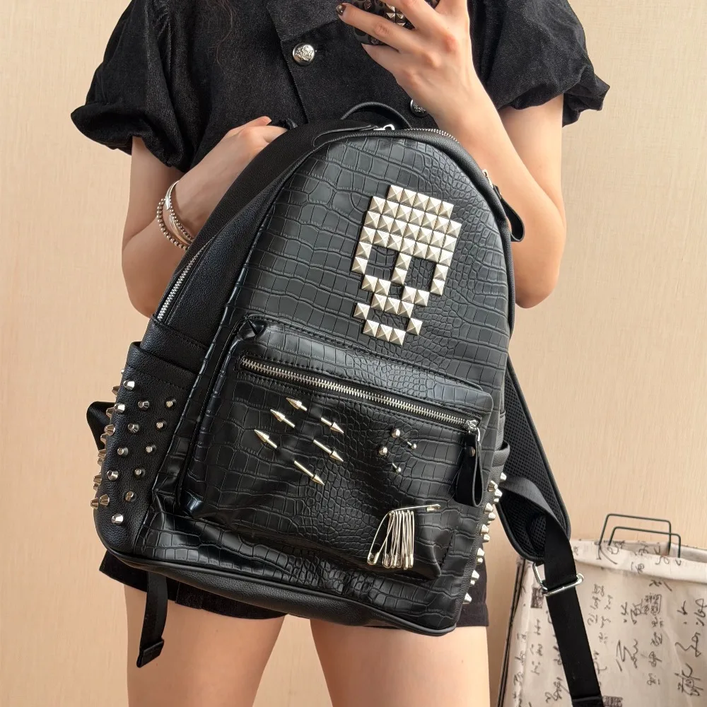 Original Black Crocodile Pattern Skull Rivet Backpack Pin Decoration Street Fashion Computer Schoolbag for Men and Women view 2