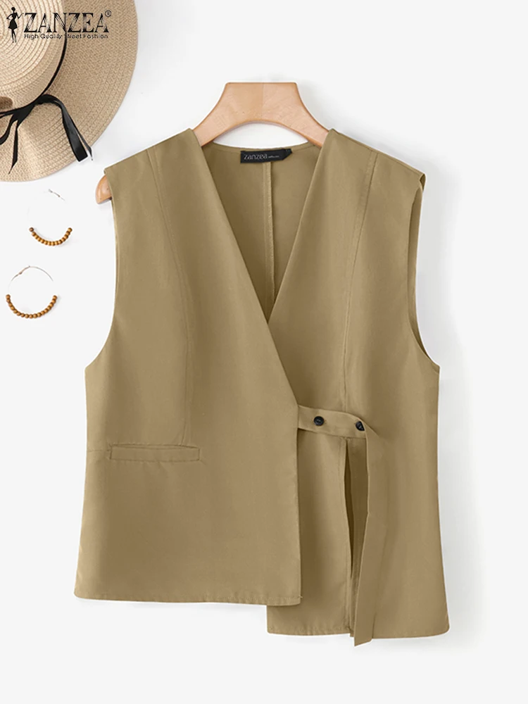 2025 ZANZEA Moda Gilet Donna Autunno Tuta Sportiva Elegante Con Scollo A V Gilet Casual Solido Fasciatura Elegante Ufficio Streetwear Cappotti Sottili