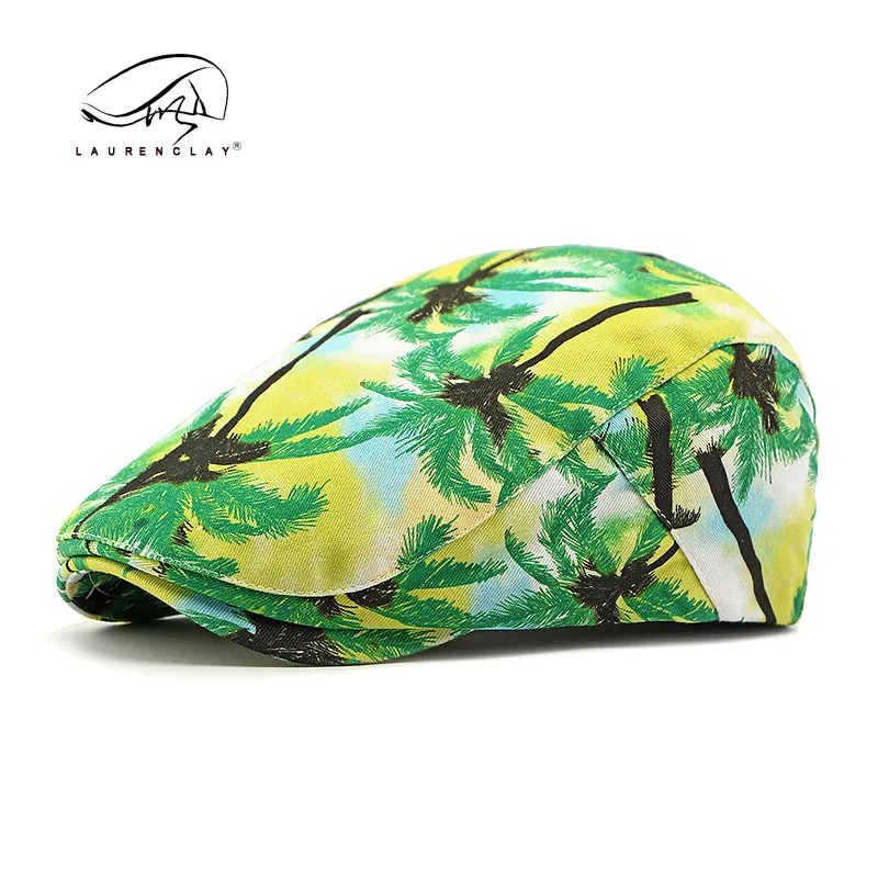 New Retro Tie-dyed Beret Men's And Women's Beach Coconut Tree Printed Duck Tongue Advance Hats Casual All-matching