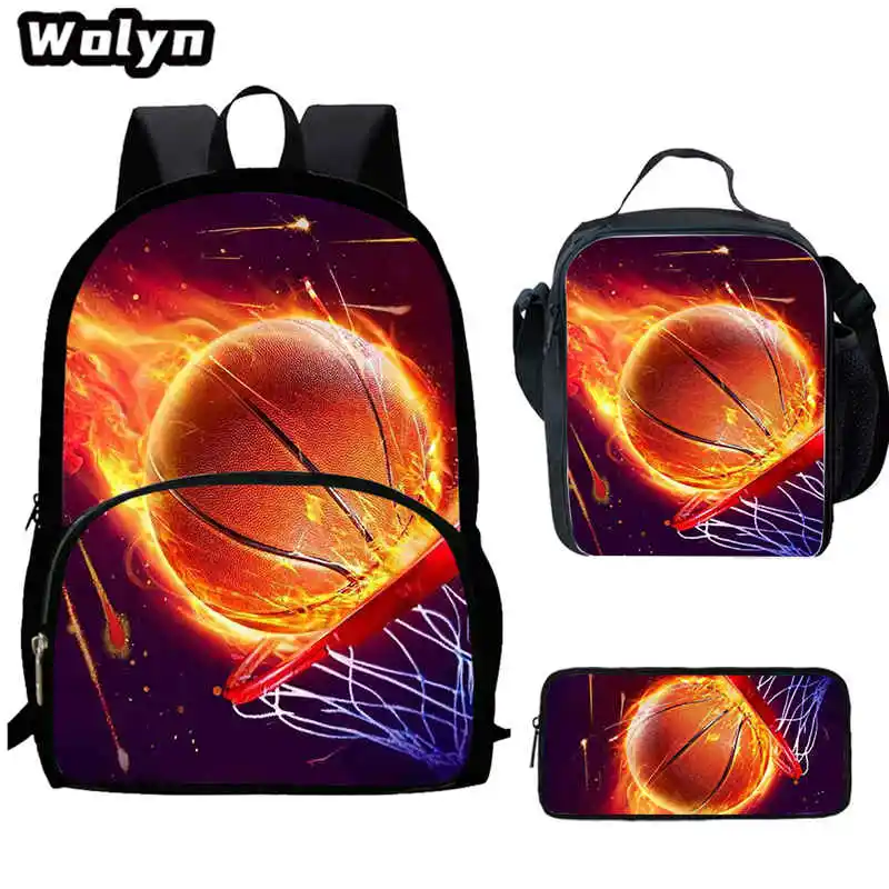 Mochilas escolares con imagen de baloncesto para niños y niñas, Juego de 3 piezas con bolsa de almuerzo, estuche para lápices, mochilas escolares