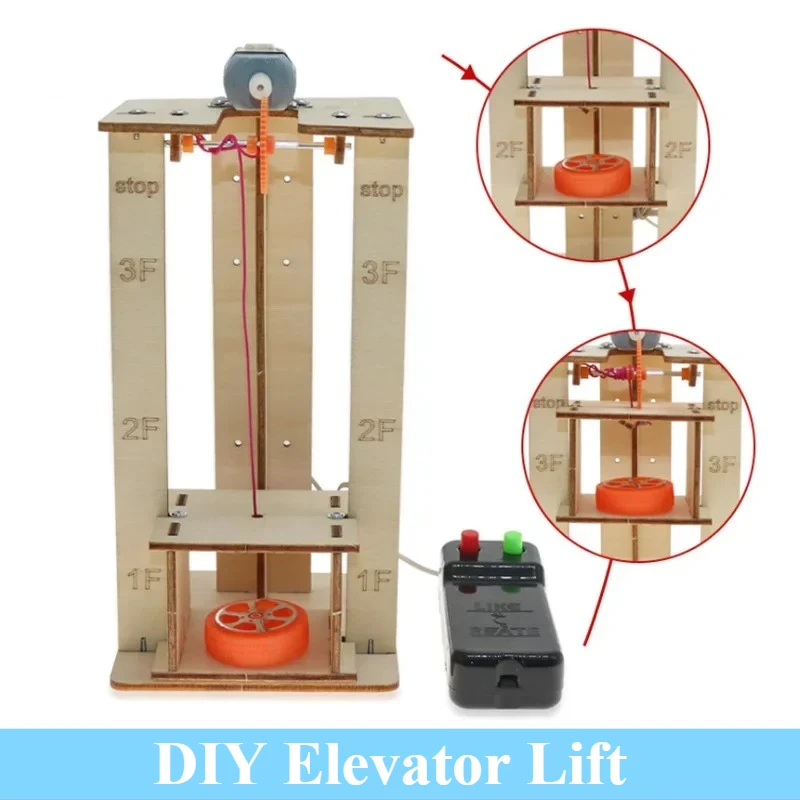 Handmade DIY Electric Remote Control Lift Elevator Wooden Model Kit Kids Education Toy Science School Projects Experiment Test
