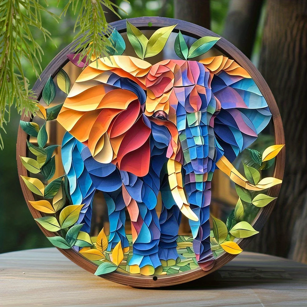 1pc 8x8 Inch Spring Metal Sign Elephant Theme Decoration Faux Origami Window Decorations Round Wreath Sign Entrance Decoration