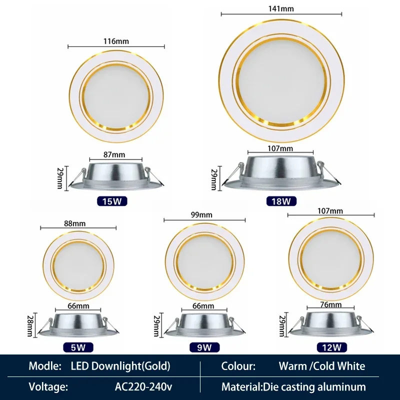 Redonda Ultra Fino Alumínio Recesso Lâmpada, LED Downlight, Spot Iluminação, Lâmpada Interior, 5W, 9W, 12W, 15W, 18W, 220V-240V, 6pcs por lote