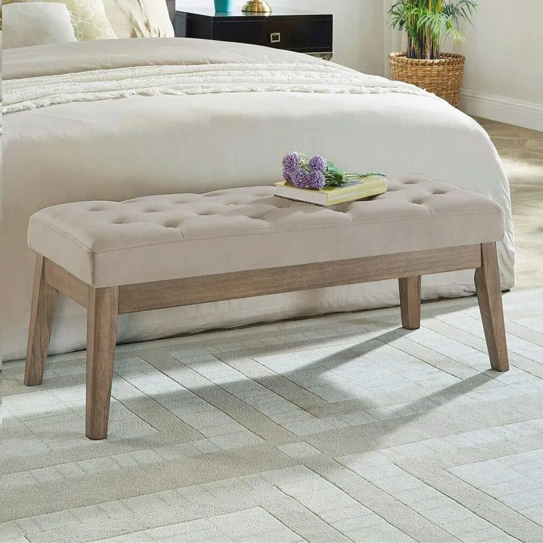 

Mid-Century Modern Style Velvet Upholstered Tufted Bench with Solid Wood Leg, Ottoman with Padded Seat, Taupe