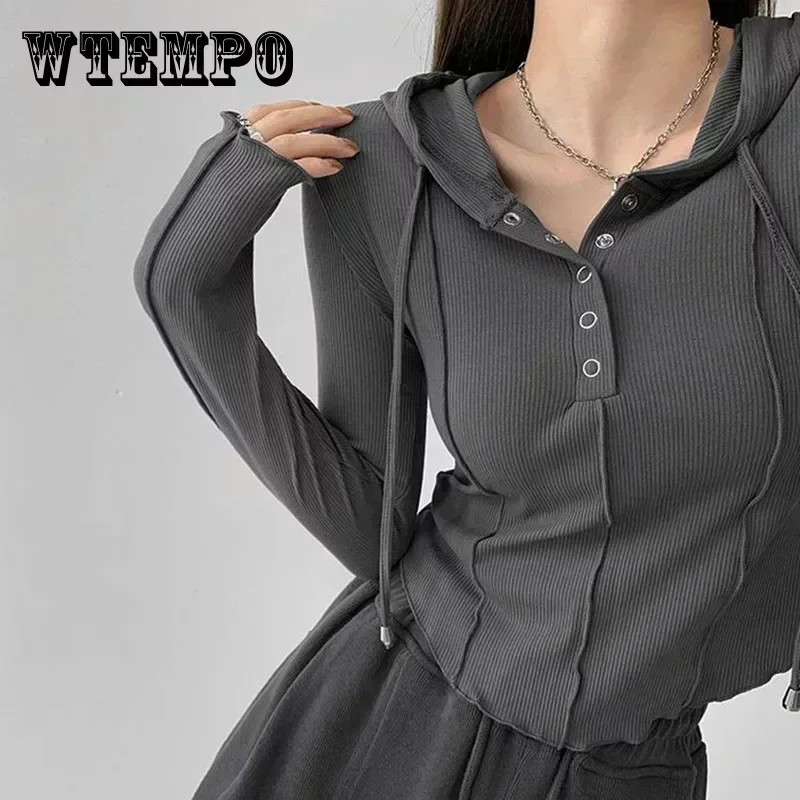 WTEMPO Hooded Button Up Crop Top Women Autumn Winter Slim Fit Long Sleeve Y2K Top Woman Streetwear Wild Elastic T-Shirt Female