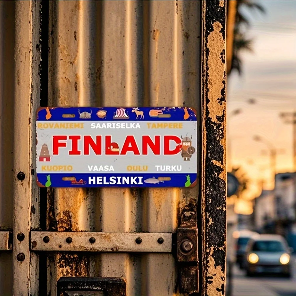 Vintage Finland License Plate Wall Art - 11.81x5.91 Inch Metal Sign with Cultural Landmarks & Dual Language, Rustic Decor for Ho