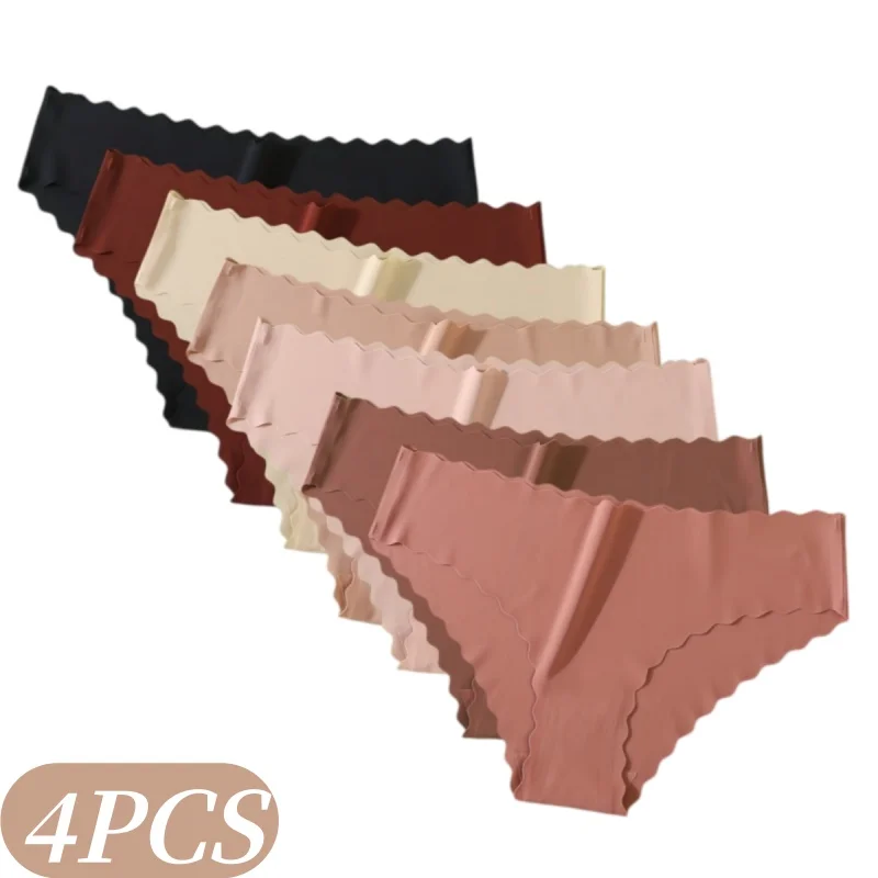 4Pcs/Set Ice Silk Mid-Rise Panties Women's Seamless Briefs Solid No Show Underwear Scalloped Edge Panties Sexy Lingerie XS-XL