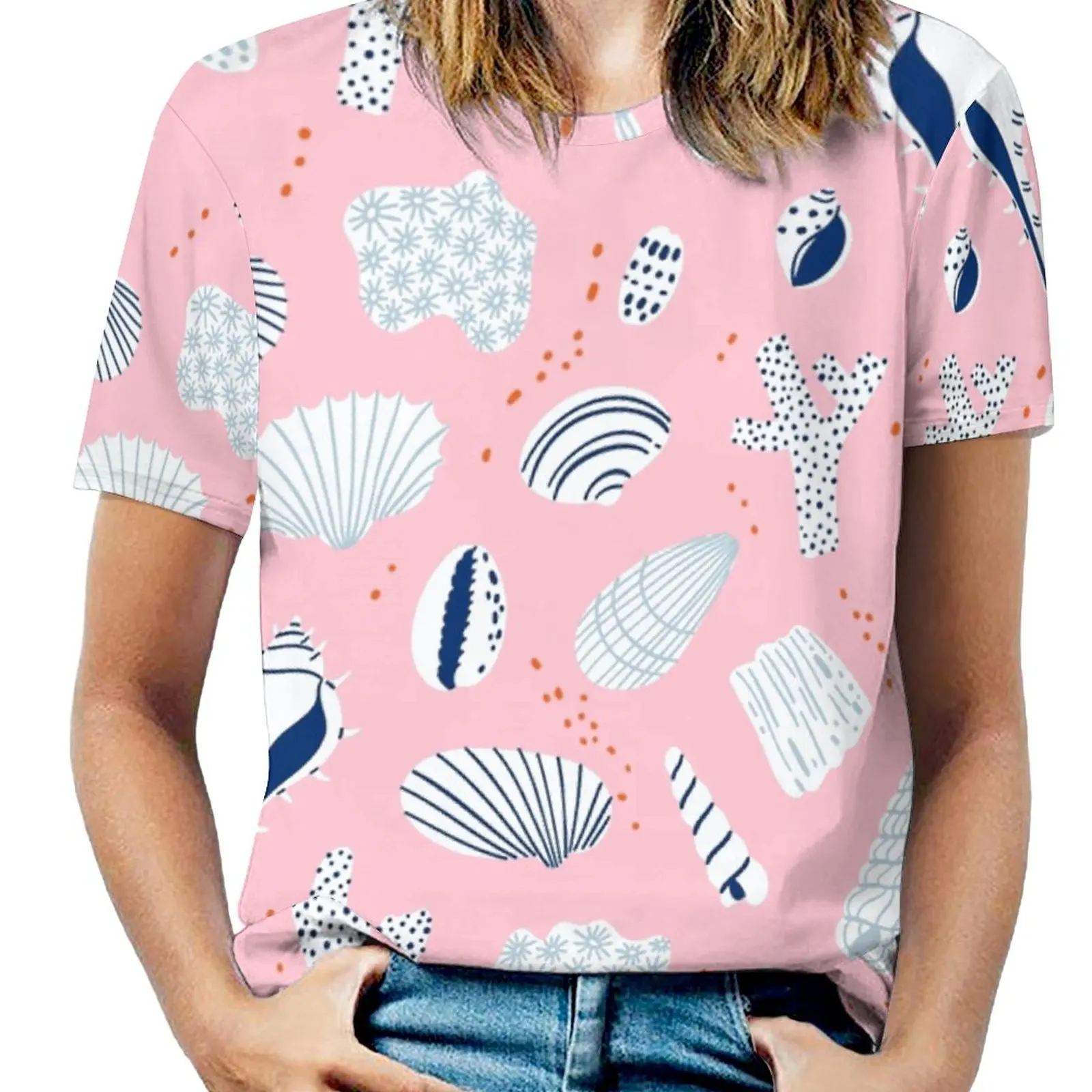 Shells On Pink Background Women T-Shirt Crewneck Casual Short Sleeve Tops Summer Tees Shells Pink Sand Ocean Sea Life Sea