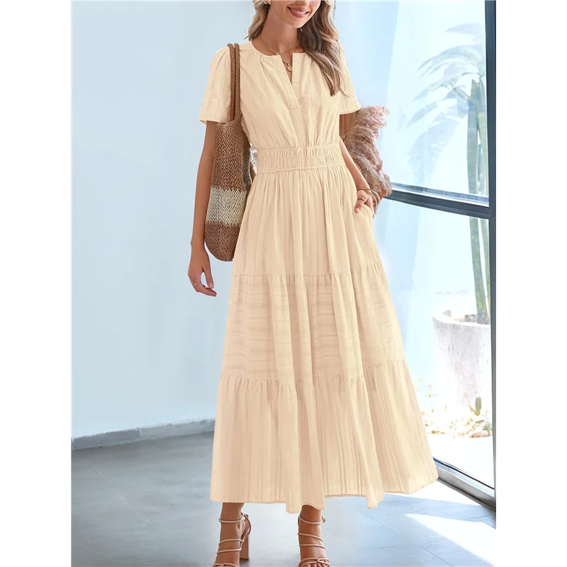 ASDS - Damskie Letnie Sukienki Midi Maxi Casual Lekkie Krótkie Rękawy Dekolt V Elastyczna Talia Sukienka Boho Plażowa Kieszenie