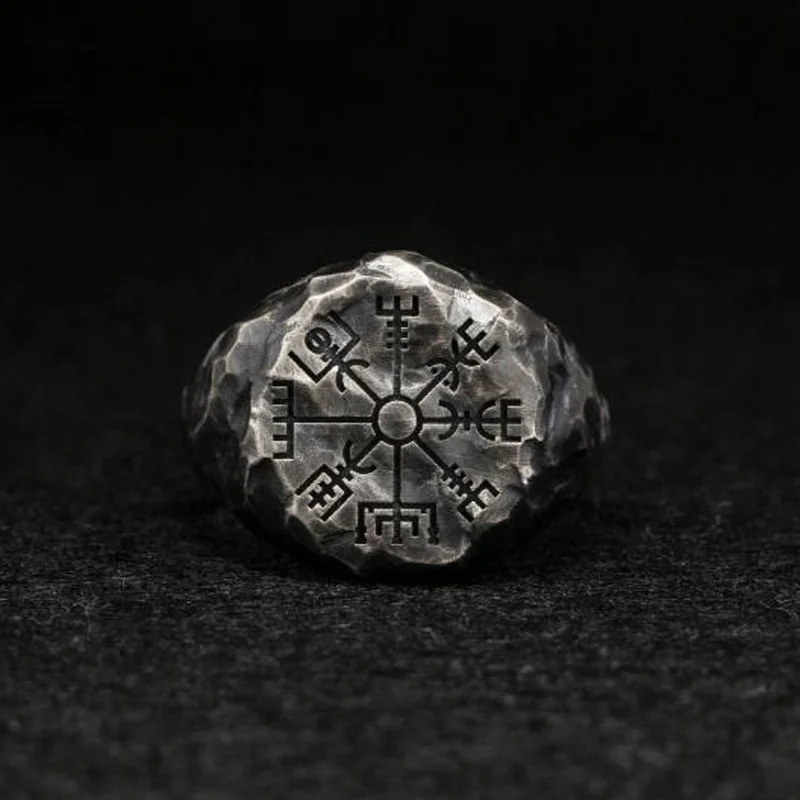 Nordic Viking Carved Compass Ring Texture Rune Compass Ring Opening Adjustable Ring