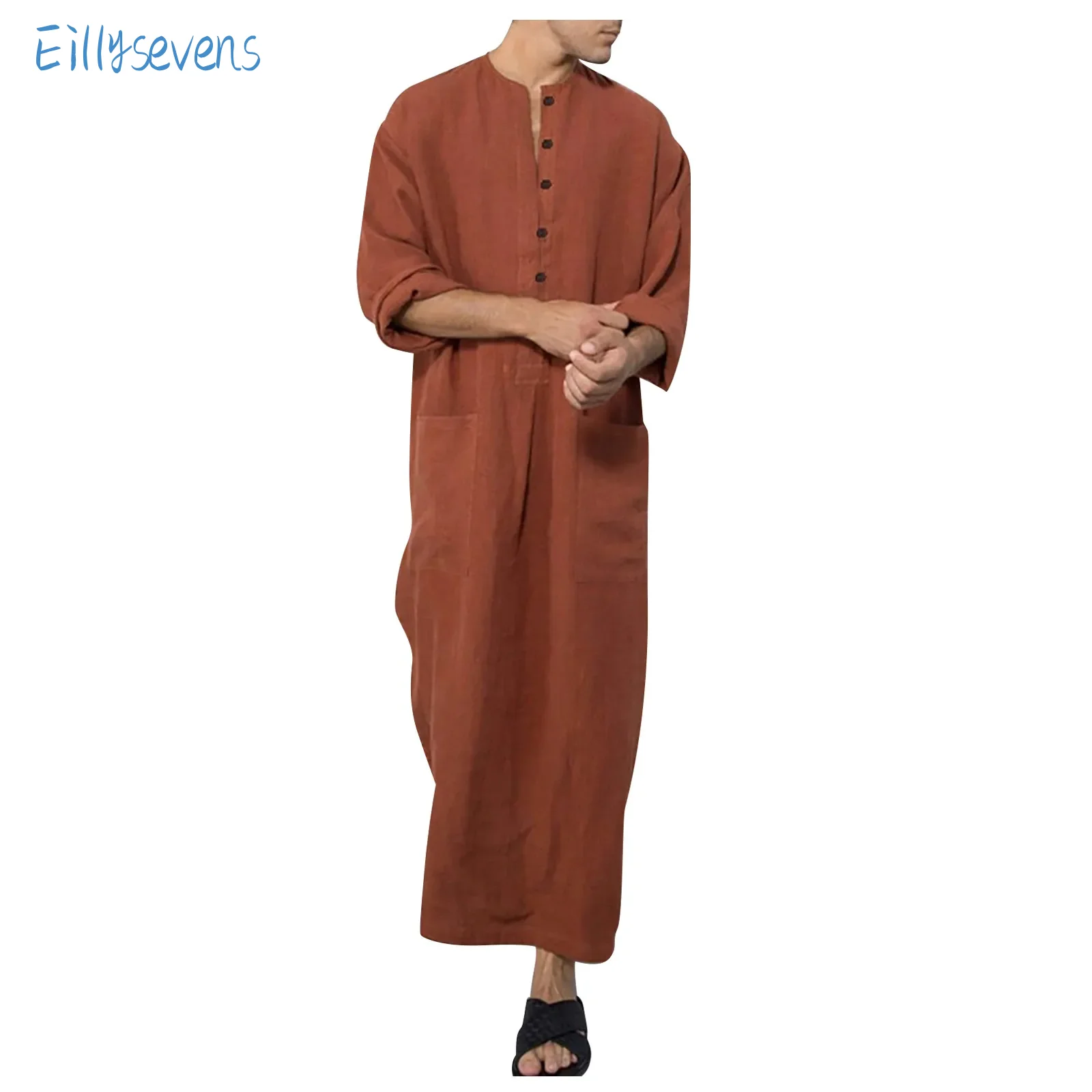 

Men'S Saudi Arabic Clothing Casual Button-Down Round Neck Long Sleeve Robe Ramadan Muslim Dress Middle Islamic Clothing