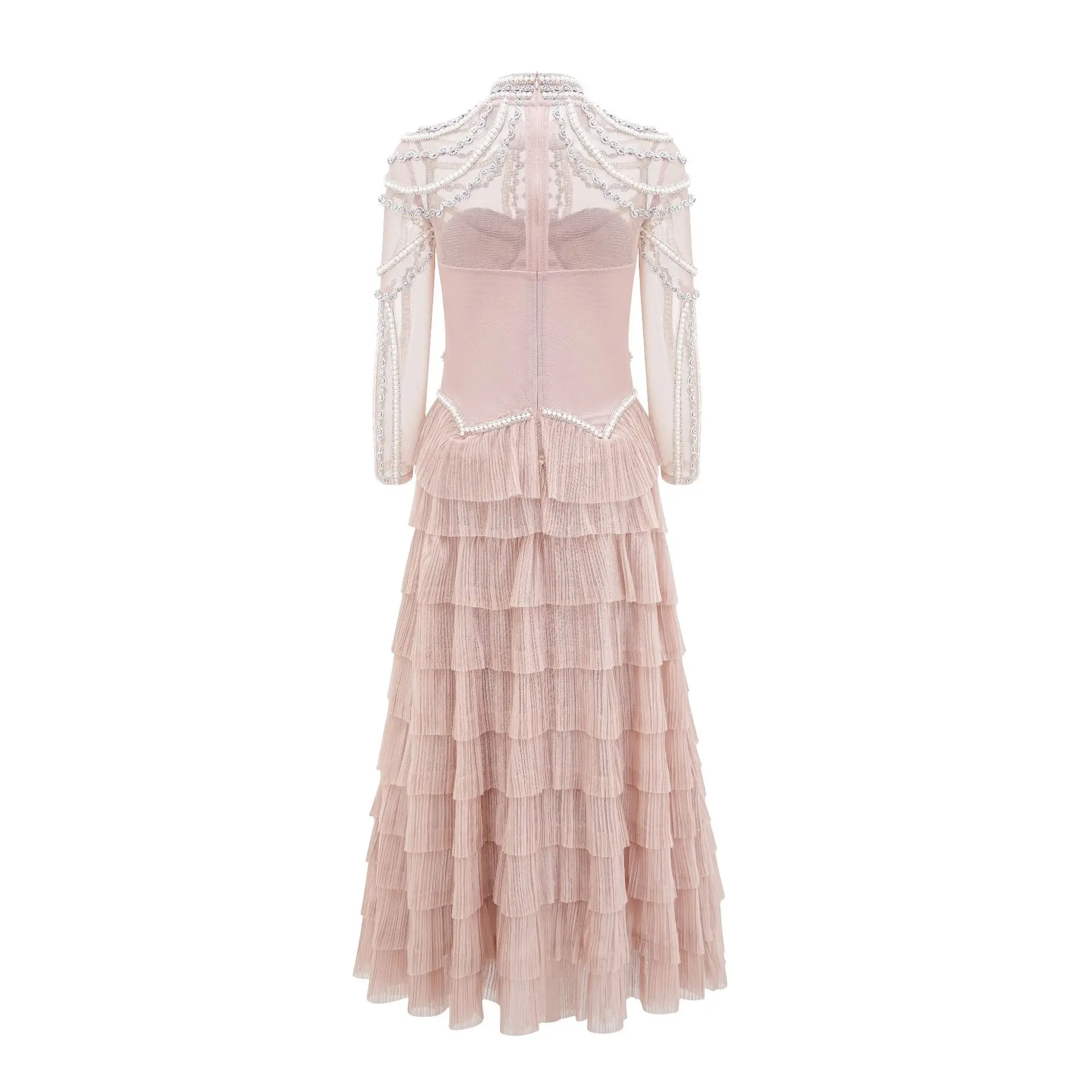 새로운 럭셔리 비즈 장식 섹시 시스루 드레스 퍼프 스커트 하이 패션 디자인 파티 가운