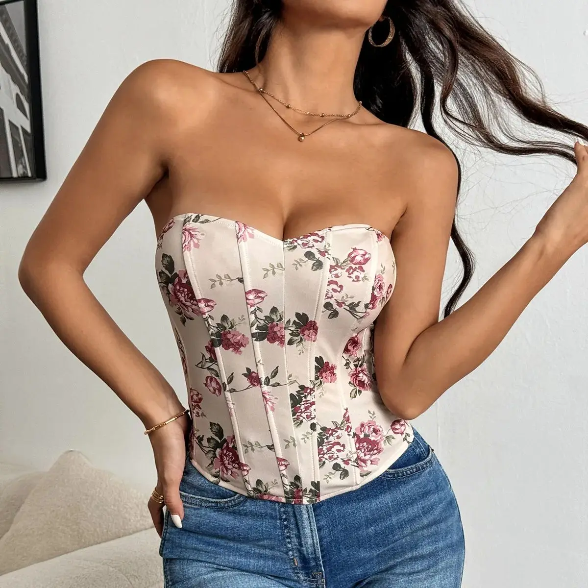 

Sleeveless Printed Tube Tops Women's Corset Crop Top Slim Strapless Bustier Back Zippers Sexy Tank Top Lingerie Camis Boned Vest