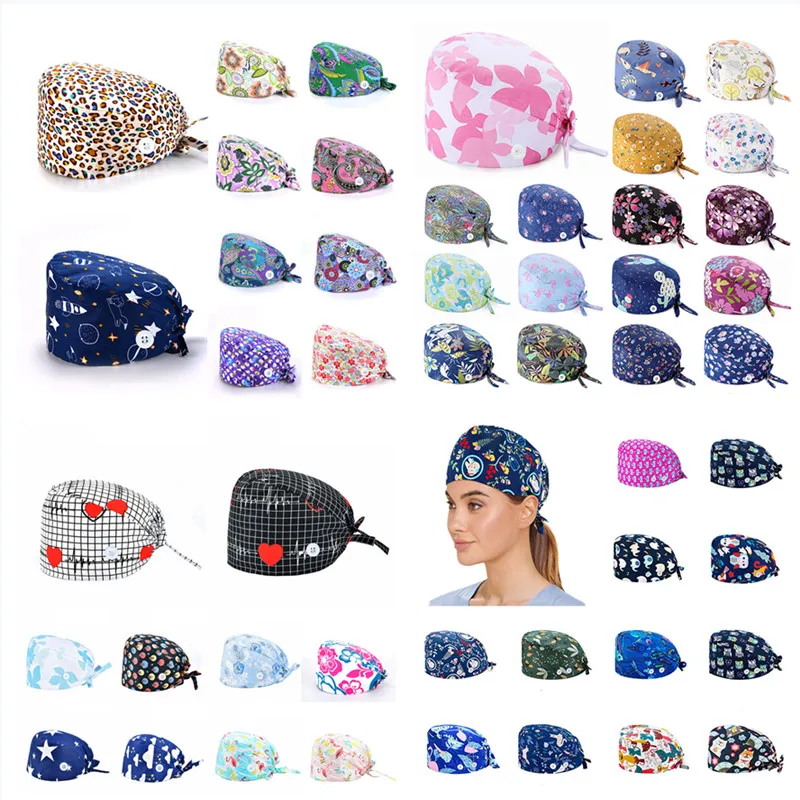 Fashion Nursing Hat Floral Surgical Cap Doctors Scrub Cap Printing Nurse Baotou Hat Embroidery Medical Pharmacy Bonnet Caps