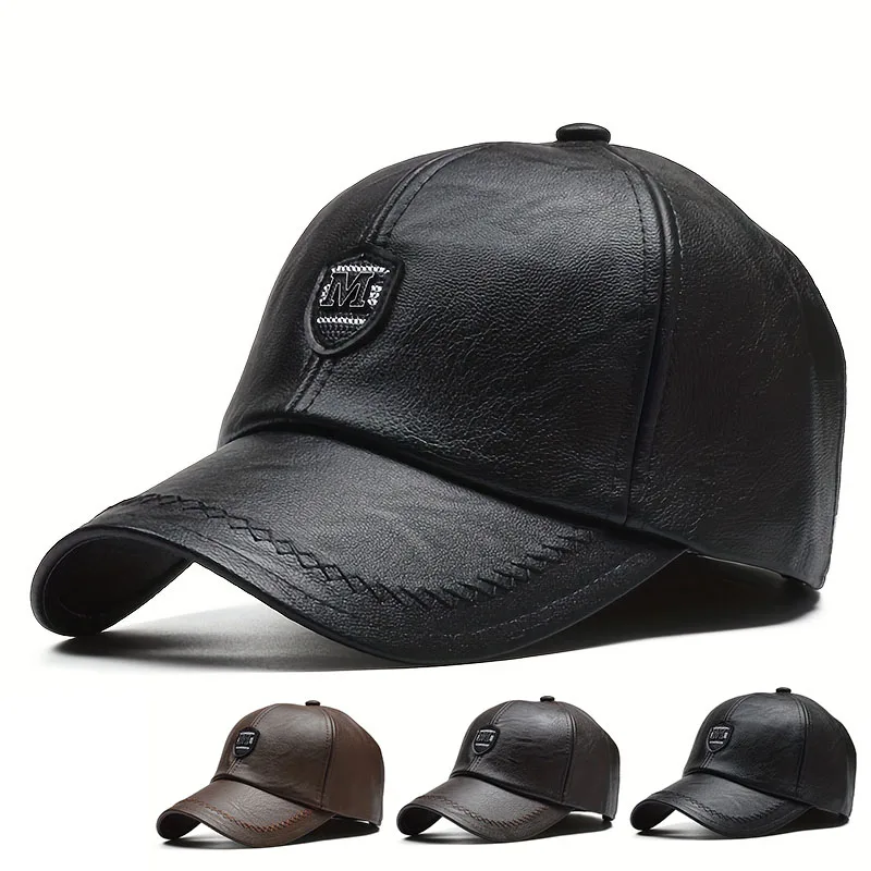 M Label Pu Leather Baseball Caps Spring and Autumn Outdoor Adjustable Casual Hats Sunscreen Hat