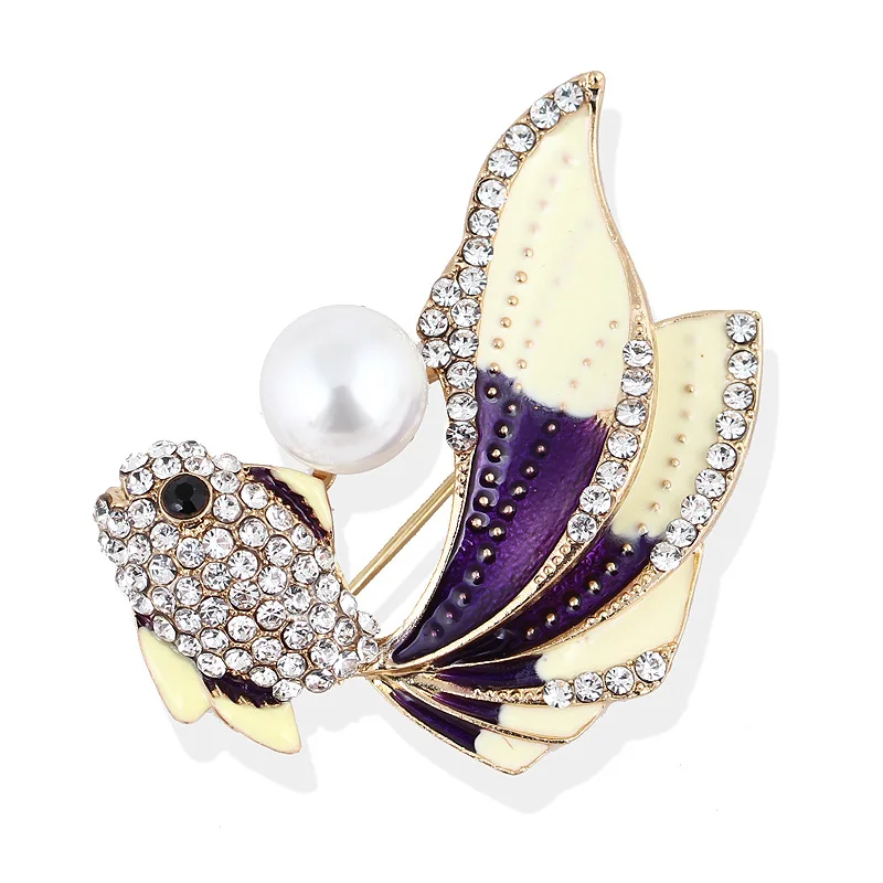 Sparkling Rhinestone Fish Pearl Brooches Women Metal Goldfish Gradient Color Tail Office Casual Brooch Pins Gifts Jewelry