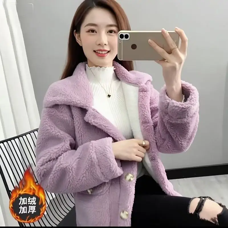 

2025 зимние толстые теплые фланелевые шерстяные пальто с длинными рукавами для женщин, корейская свободная короткая куртка, модная элегантная верхняя одежда на пуговицах