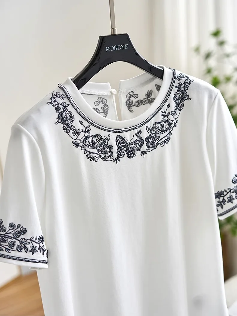 

Женская летняя хлопковая футболка с вышивкой цветов, влагоотводящая, прямого кроя