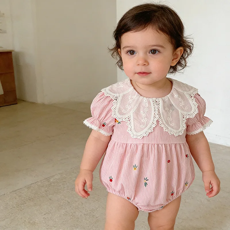 Summer New Sweet Embroidered Striped Baby Girl Clothes Jumpsuits Crawling Suit Baby Singlets Infant Bottom Covering