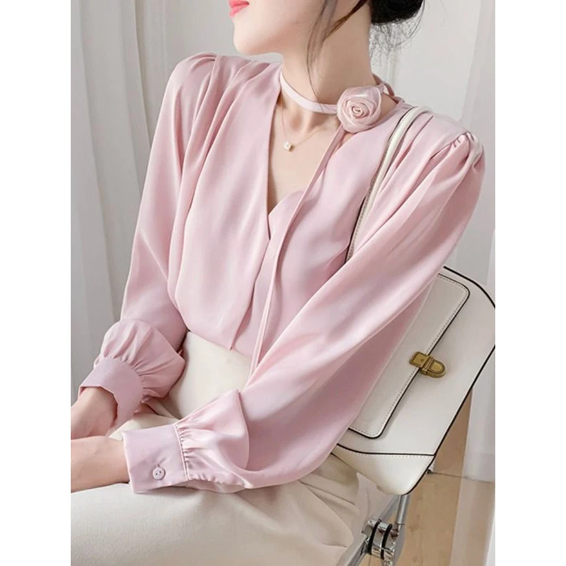 Women French Style 3D Flower Luxury Design Blouse Office Lady Elegant Business Casual Shirt V Neck Long Sleeve Tops Pink Blusas