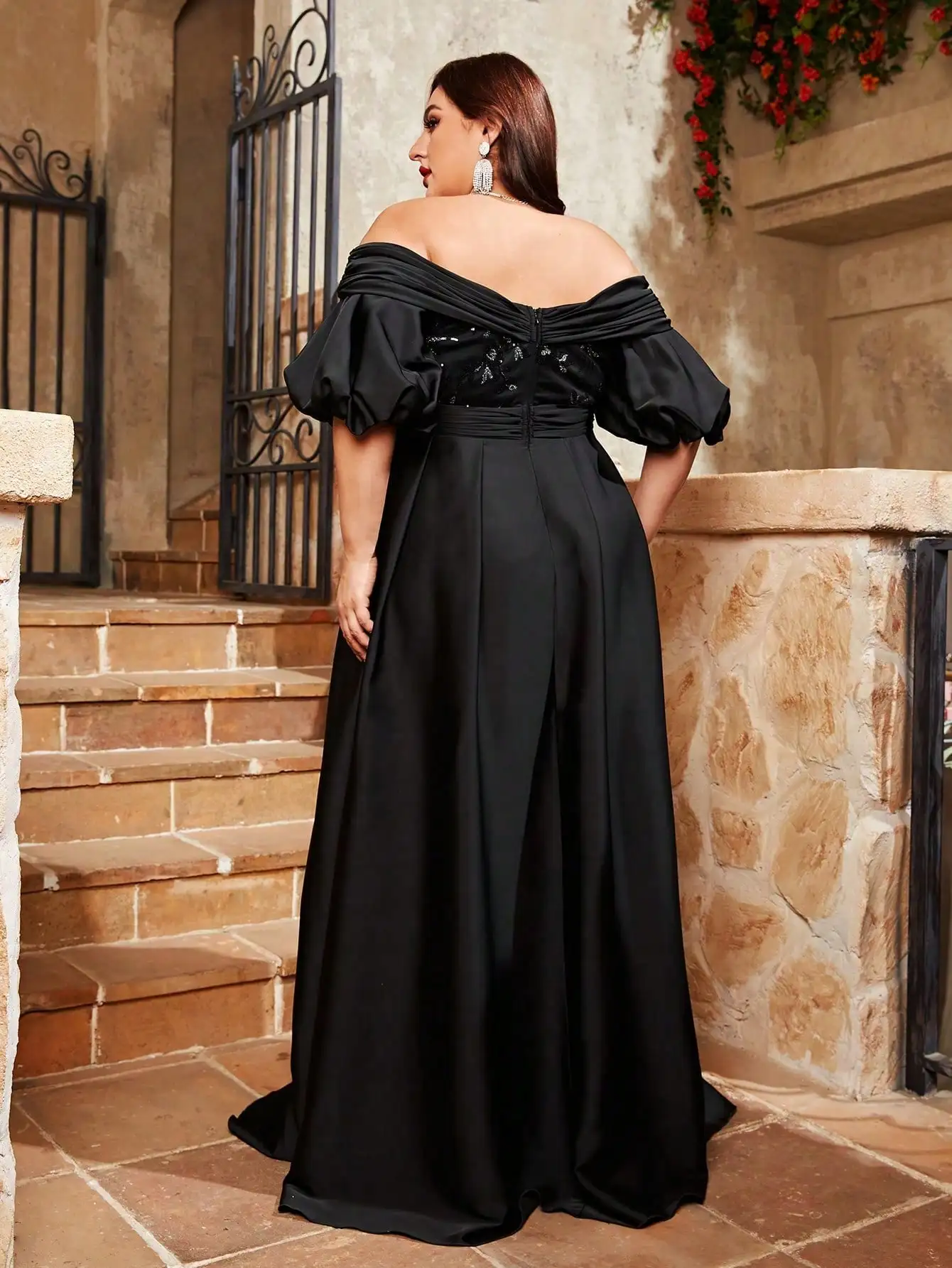 Mgiacy plus size Line neck puffy sleeve satin spliced sequin retraction long skirt Evening gown PROM dress Party dress