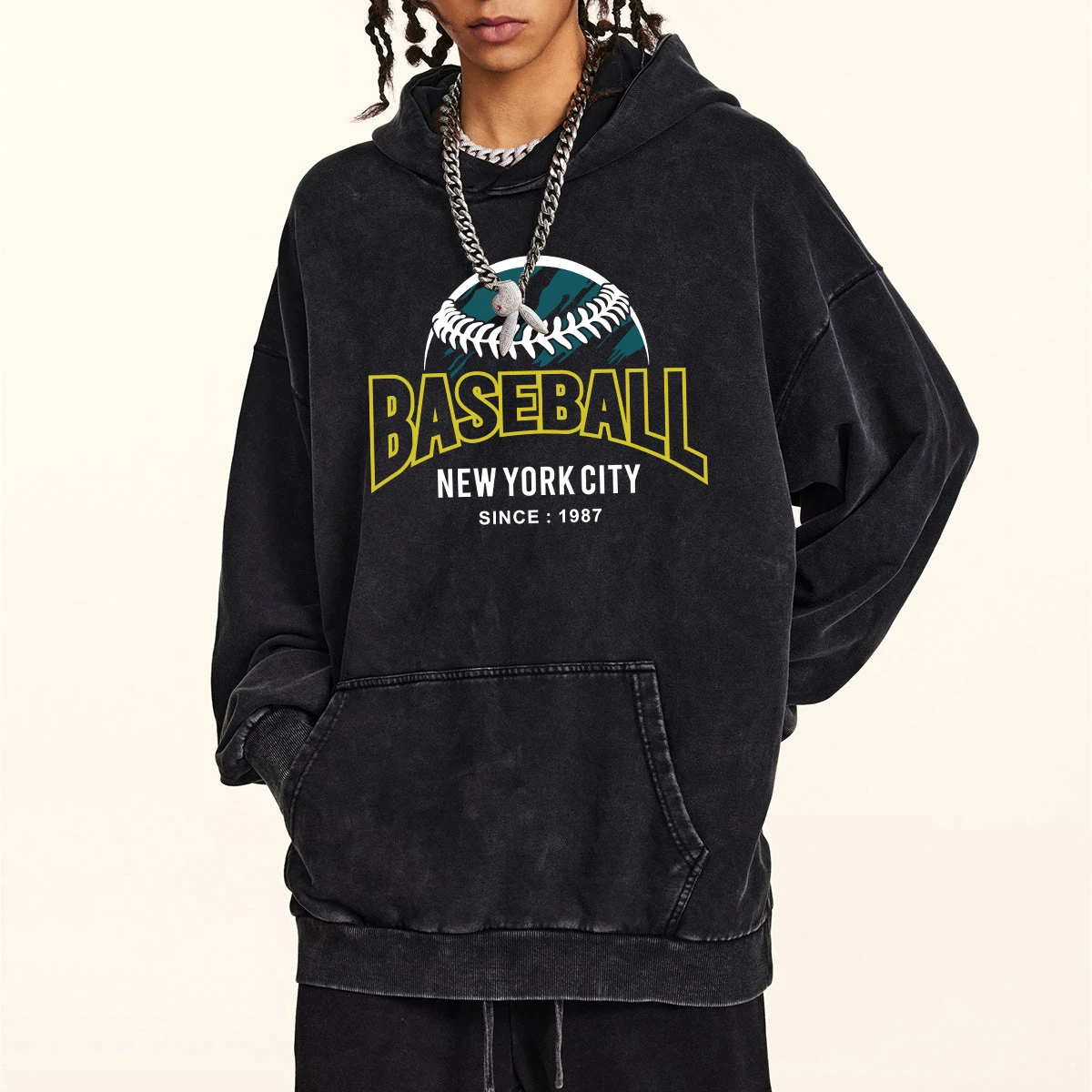 

New York City Baseball Letter Hoodie Men Retro Washed Hoodies Fashion Oversize Cotton Pullover Simple Loose Sweatshirt Clothing