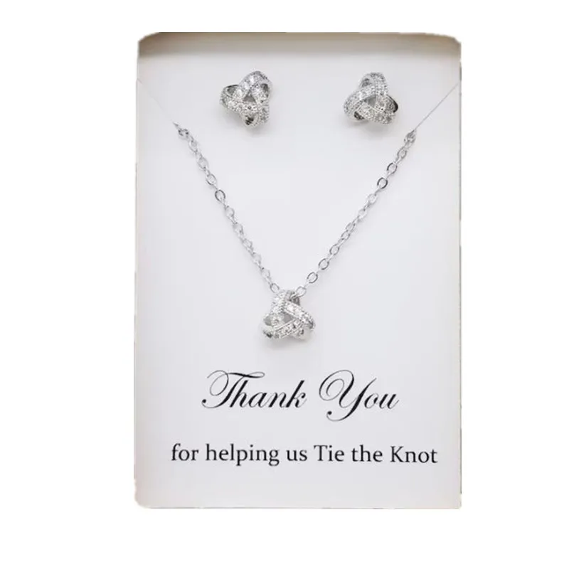 Custom Personalized Tie the Knot Earrings with Cubic Zirconia and Necklace Silver Set Bridesmaid jewelry set gift