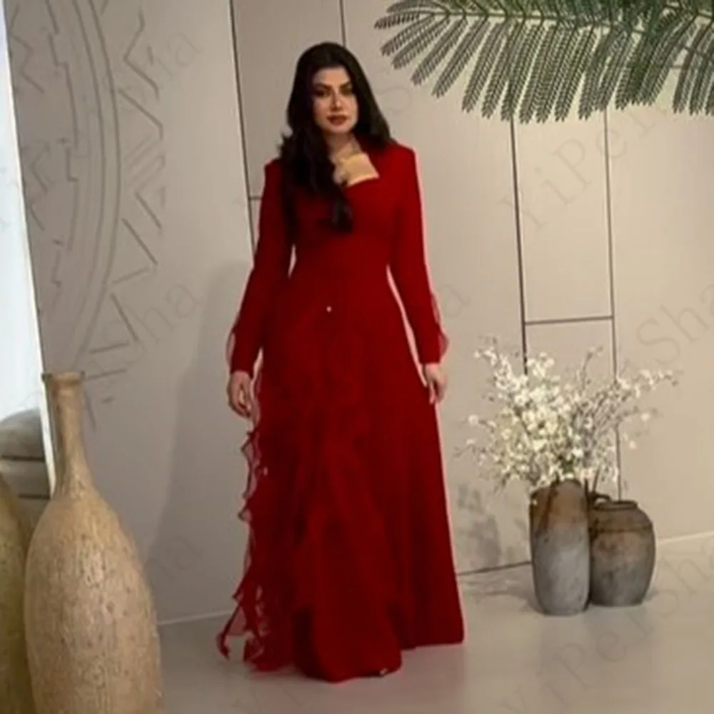 

Customized A-Line Prom Dresses Floor-Length Square Collar Full Sleeve Evening Gown Fashion Beading Simple Draped Party Gown