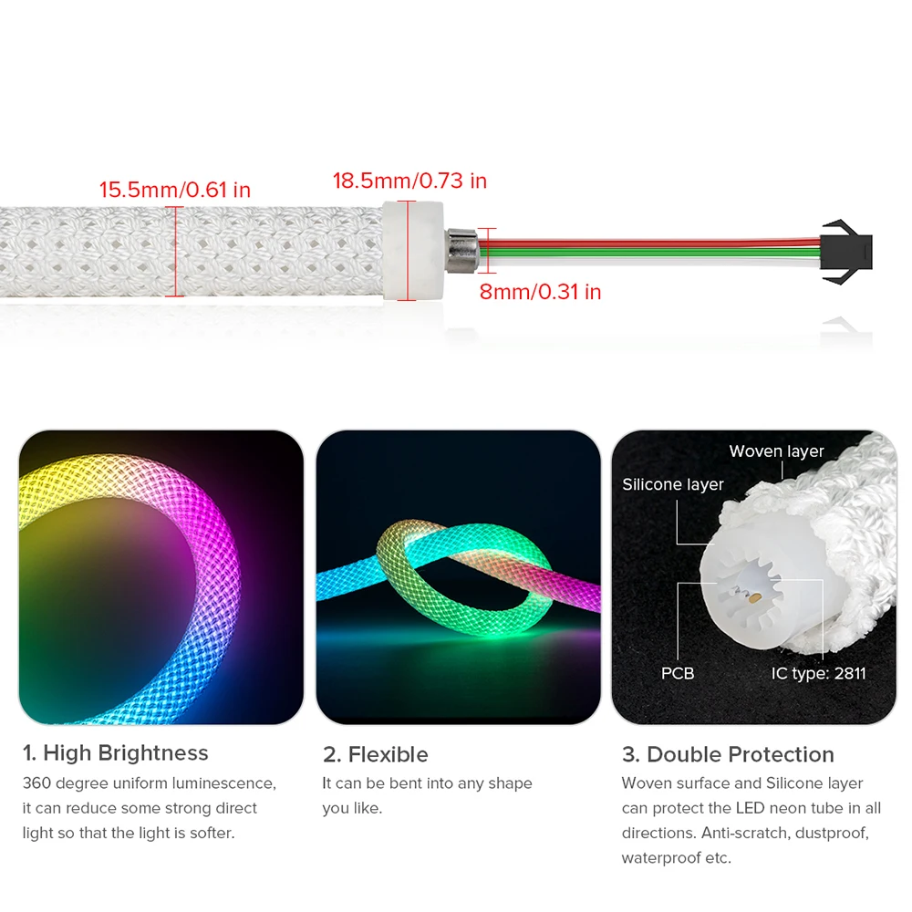 WS2812B LED Strip Neon Light 360 Degree Round Reticulate Pattern DC5V WS2811 RGB IC Smart Pixel Addressable Tape 50 Leds/m IP67