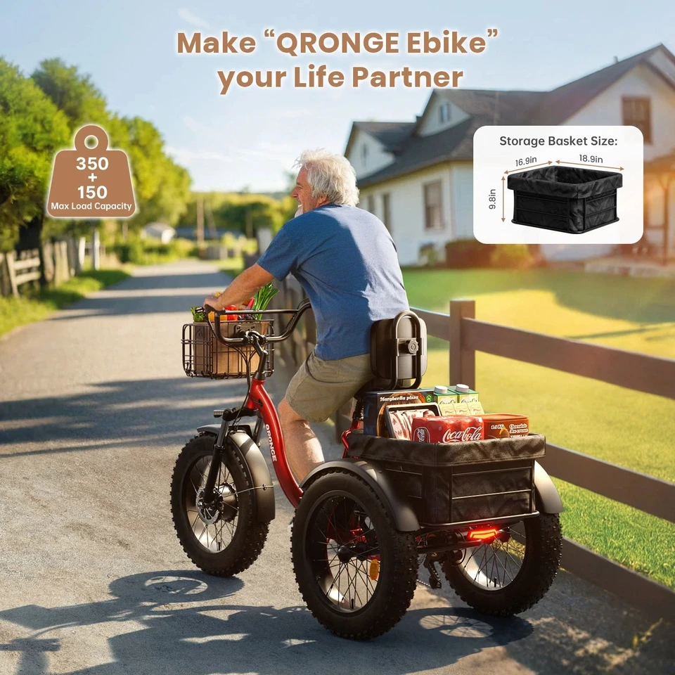QRONGE Electric Bike for Adults 1200W Peak 36V 20AH Battery Folding Electric Tricycle 75 Miles Range Max 20MPH 20"*4" Fat Tire Electric Trike image 8