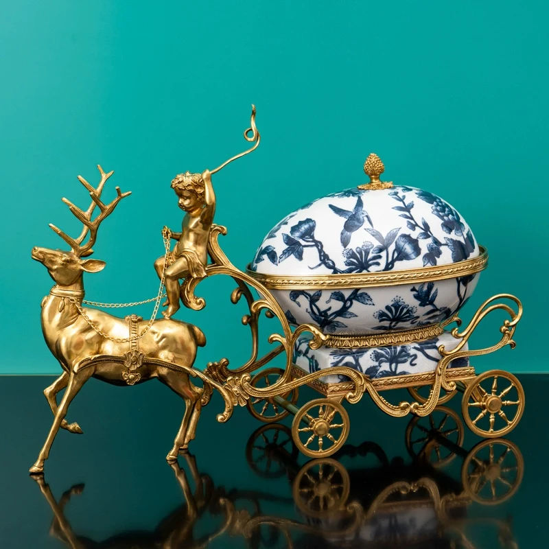 

European Brass Porcelain Reindeer Angel Carriage Fruit Serving Plate Luxury Blue and White Chinoiserie Decor Bowl Table Ornament