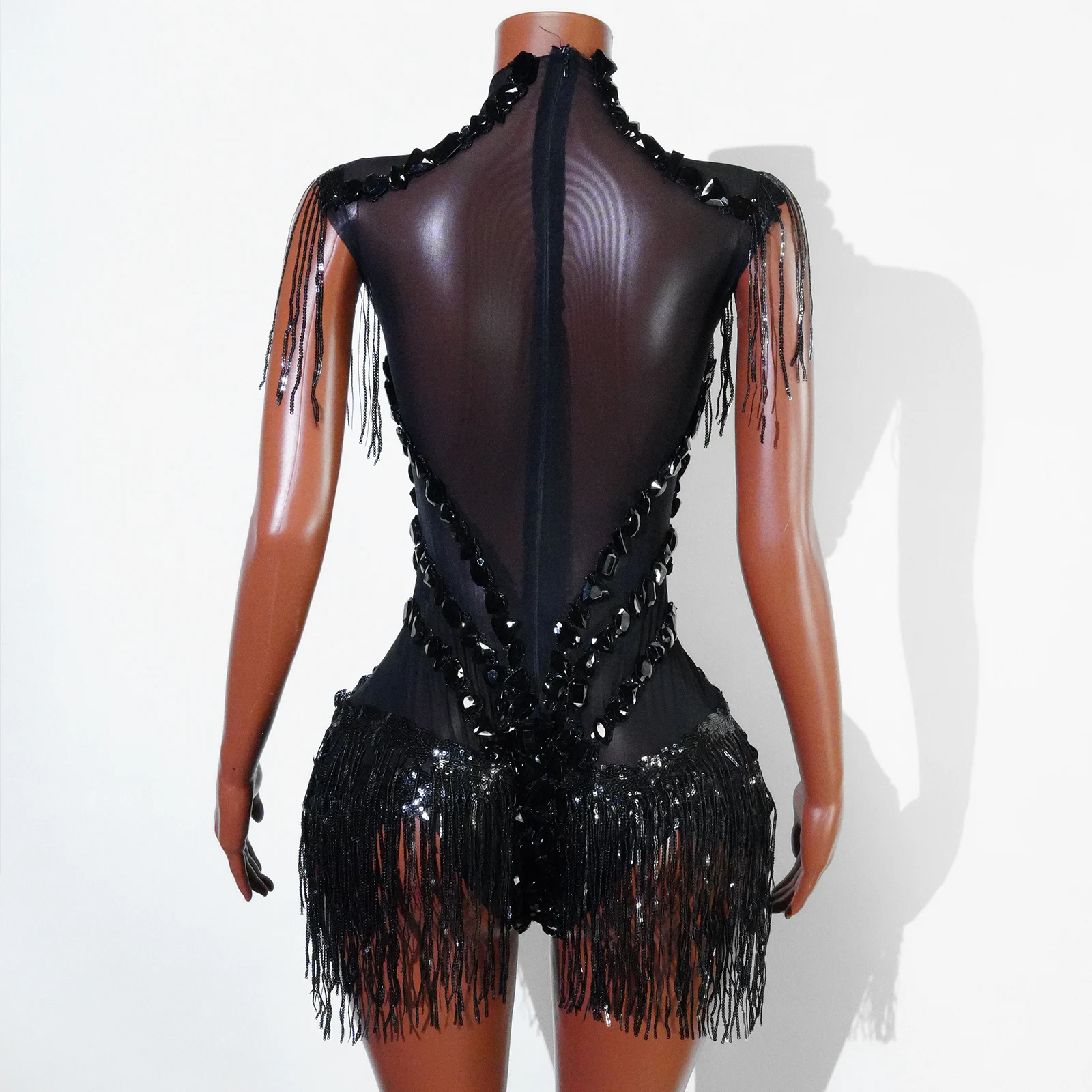 Sexy malha pura preto strass bodysuit cantor dançarino mostrar roupa de palco celebrar festa noite clube desempenho wear