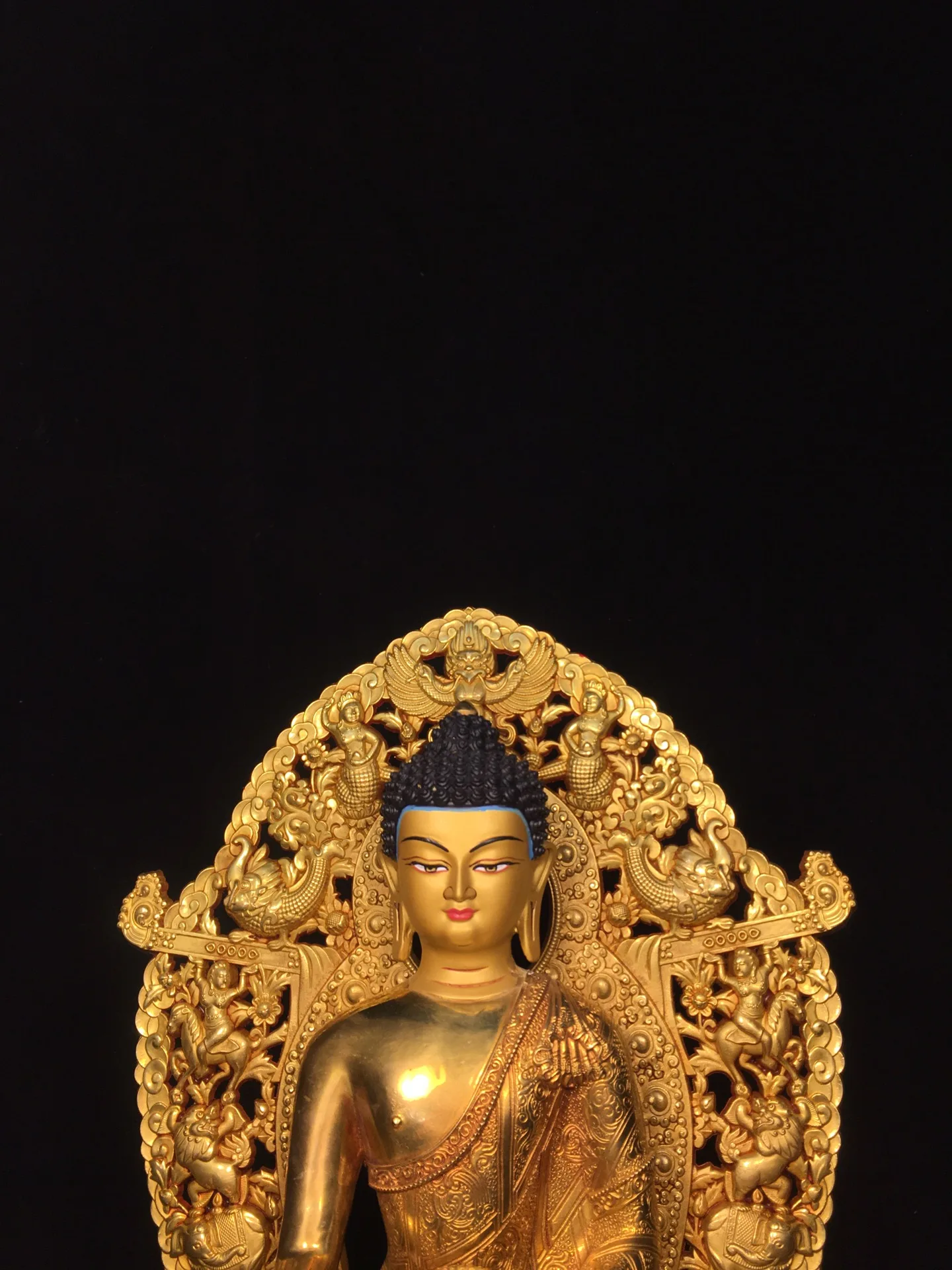 Old Bronze Gilded Painted Face Cinnabar Shakyamuni Sitting Buddha Beast texture backlight Lotus Buddha Terrace