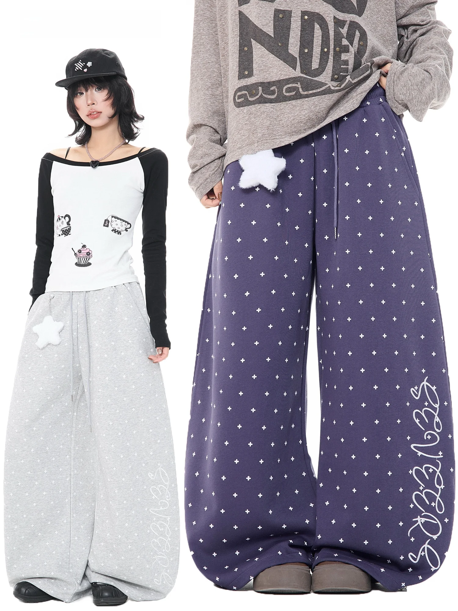 

Американские винтажные брюки с принтом звезд, свободные прямые повседневные брюки, женские широкие брюки, удобные повседневные брюки