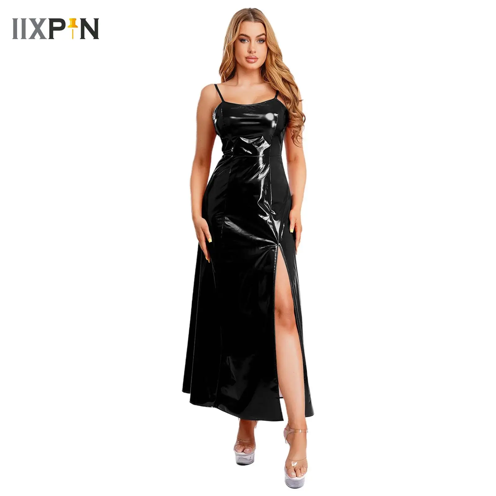 

Womens Side Slit Hem Back Lace-up Glossy PU Maxi Dress Gothic Steampunk Hollow Out Back Split Hem Dress for Raves Club Party