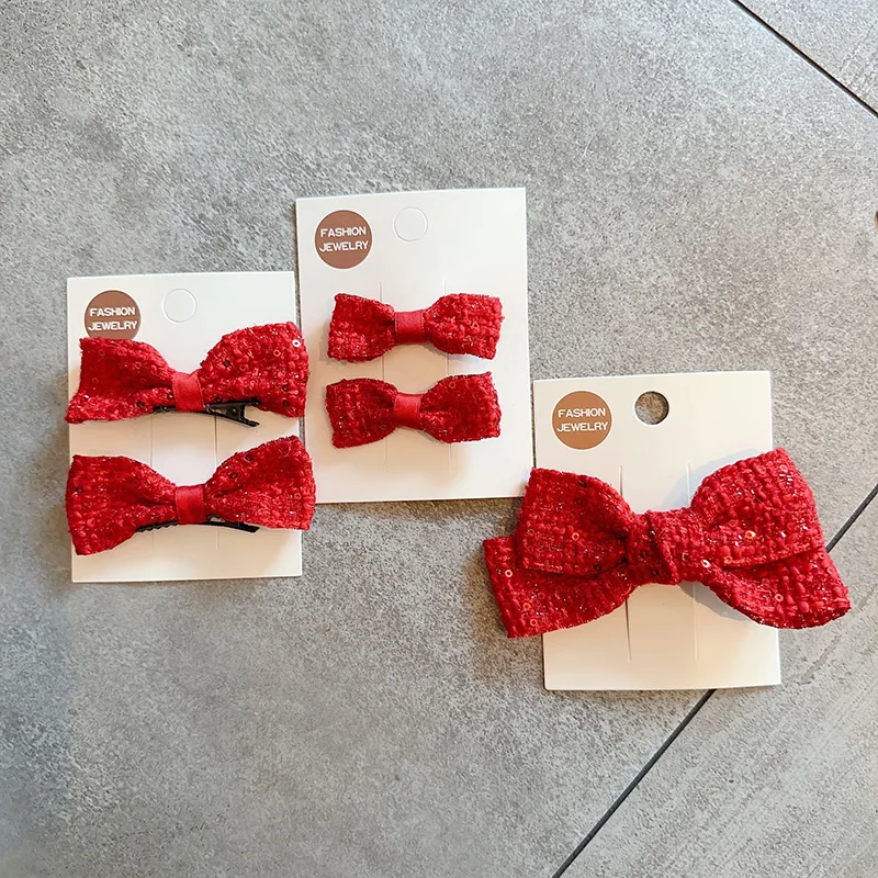 Hair Clips Chinese Style Sequin Wine Red Bow Back Head Festive New Year Non Slip Gentle Grip for Girls Kids Party Travel