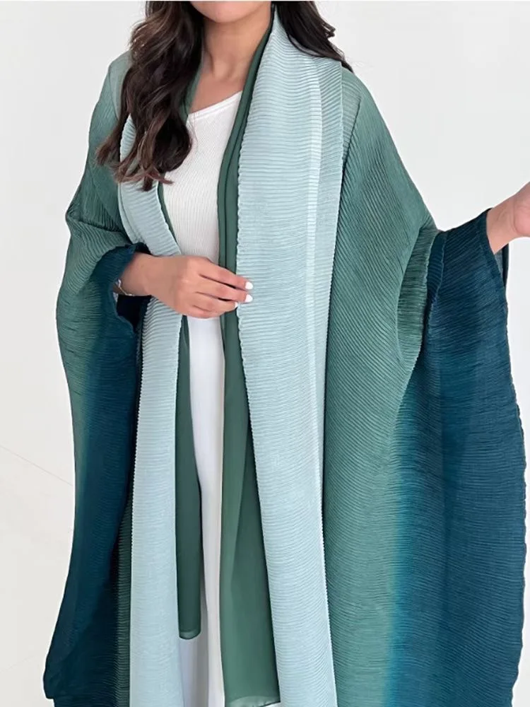 Miyake Gradient Pleated Trench Coat for Women Bat Sleeve Scarf Collar Long Windbreaker Female Fashion Clothing 2025 Ladies robe