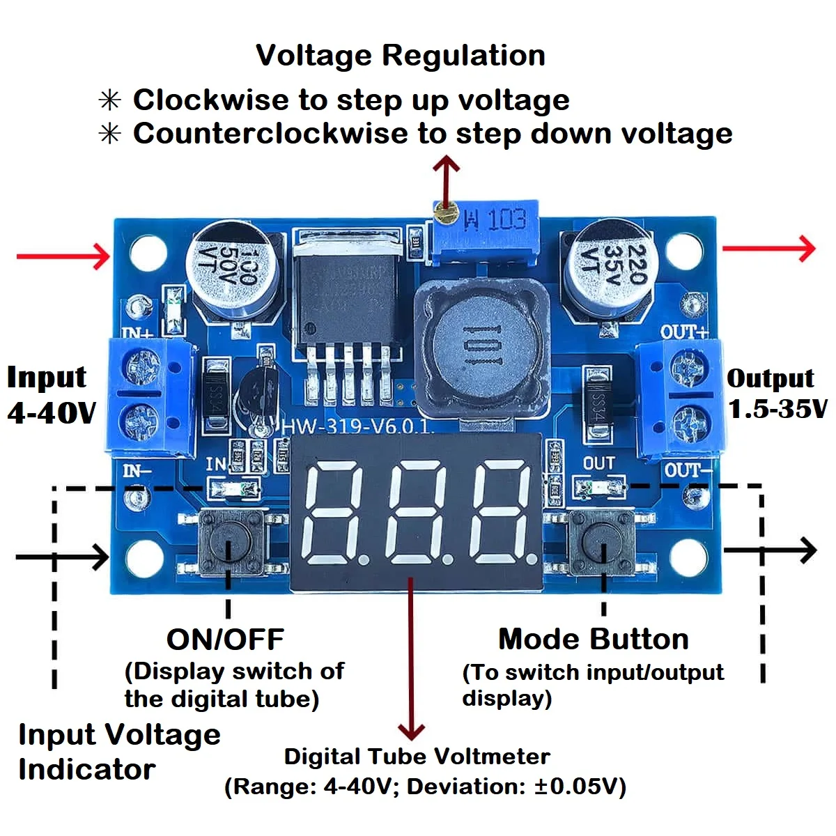 LM2596 Adjustable Voltage Regulator 4.0-40V to 1.25-37V DC36V 24V 12V to 5V 2A Step-Down Power Module with LED Voltmeter Display