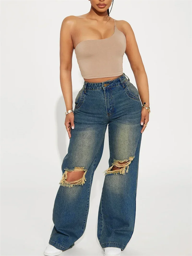 

2025 New Women's Vintage Wear Y2K Style European Loose Wide Leg Denim Pants Female Mid Waist Washed Knee Hole Straight Leg Jeans