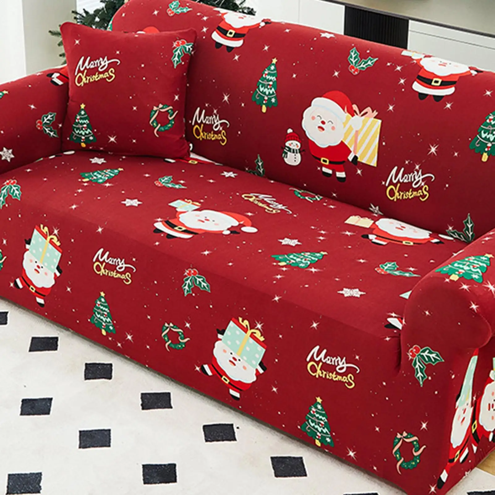 Christmas Sofa Slipcover Elastic Washable Dust Protection Santa Tree Couch Sofa Cover For Holiday Party Gathering Apartment